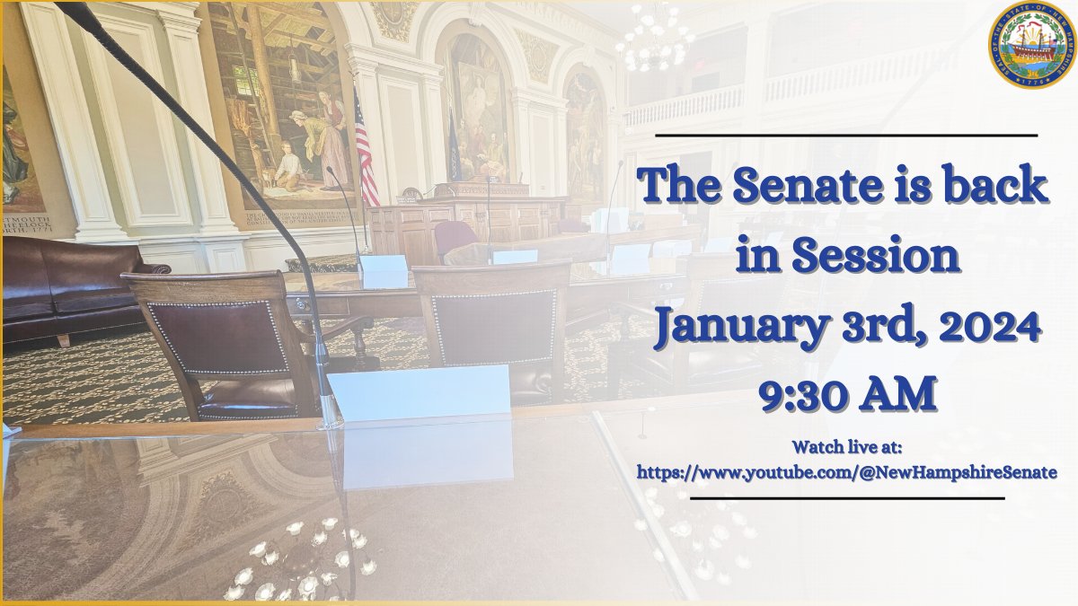 We are back in Session! Tune in tomorrow on the New Hampshire Senate YouTube Channel to watch live: youtube.com/@NewHampshireS… #NHPolitics