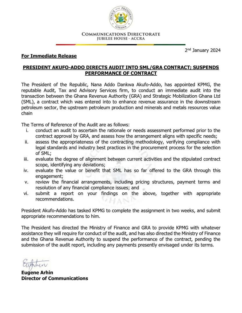 Cassielforson's tweet photo. President Akufo-Addo’s appointment of KPMG to audit the so-called revenue assurance agreement between Ghana Revenue Authority (GRA) and Strategic Mobilisation Limited (SML) has come too late in the day. 

Parliament has already directed the Finance Committee to audit the infamous agreement and the Committee is actively seized of the matter. 

The President, who should have led this fight in the wake of this scandal, is playing catch up since Parliament has also directed GRA to suspend all payments to SML. 

This whitewashing attempt by the President in the name of an audit will not dissuade Parliament from looking into this matter to stop the siphoning of state resources into the private pockets of government officials and their crony business partners.