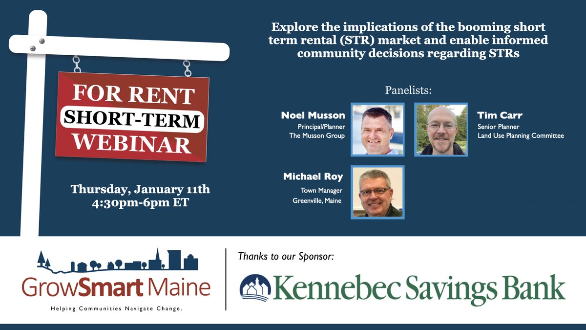🚨WEBINAR: Short Term Rentals (STRs) - Boon, Bane or Both?

Find out more about the event and register today: growsmartmaine.org/blog/forums/sh…

#smartgrowth #Maine