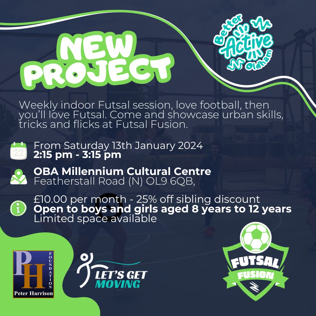 Thanks to the <a href="/PHF_Grants/">Peter Harrison Foundation</a>, we're set to launch #LetsGetMoving project 😀

Over a 6 month period, we will provide children access to affordable multiple sports activities, starting with Slam Dunkers 🏀 and Futsal Fusion ⚽️.

Registration open ➡️ betteractiveoldham.org.uk