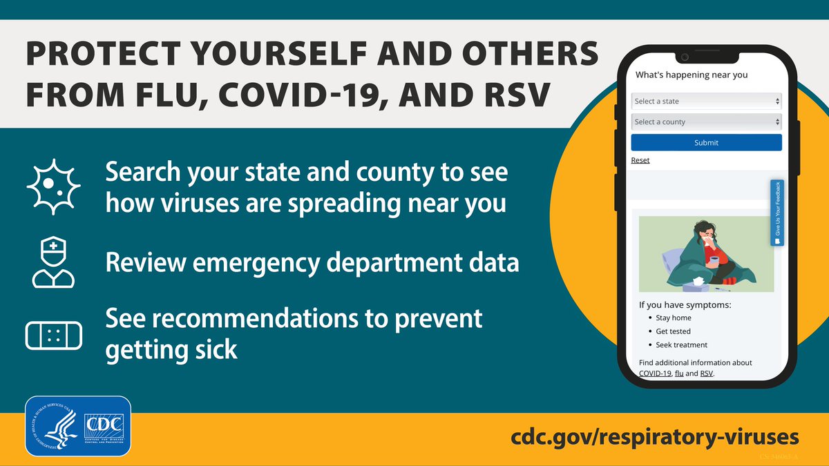 NEW: Explore CDC’s new site for #flu, #COVID19, and #RSV. Protect yourself and others from respiratory illnesses this fall & winter by checking what’s happening in your area, and what to do if you have symptoms: bit.ly/46Rnw8H