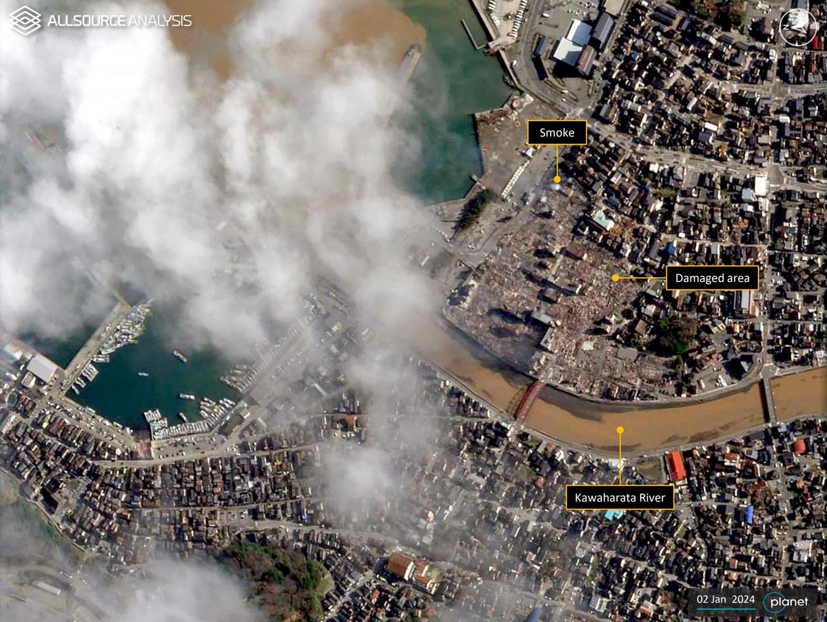 GEOINT analysis on 02 January 2024, shows a famous tourist spot and market burned down in Wajima after a strong earthquake. bit.ly/2oeCGCj #GEOINT #Geospatial #Intelligence #Japan #Wajima