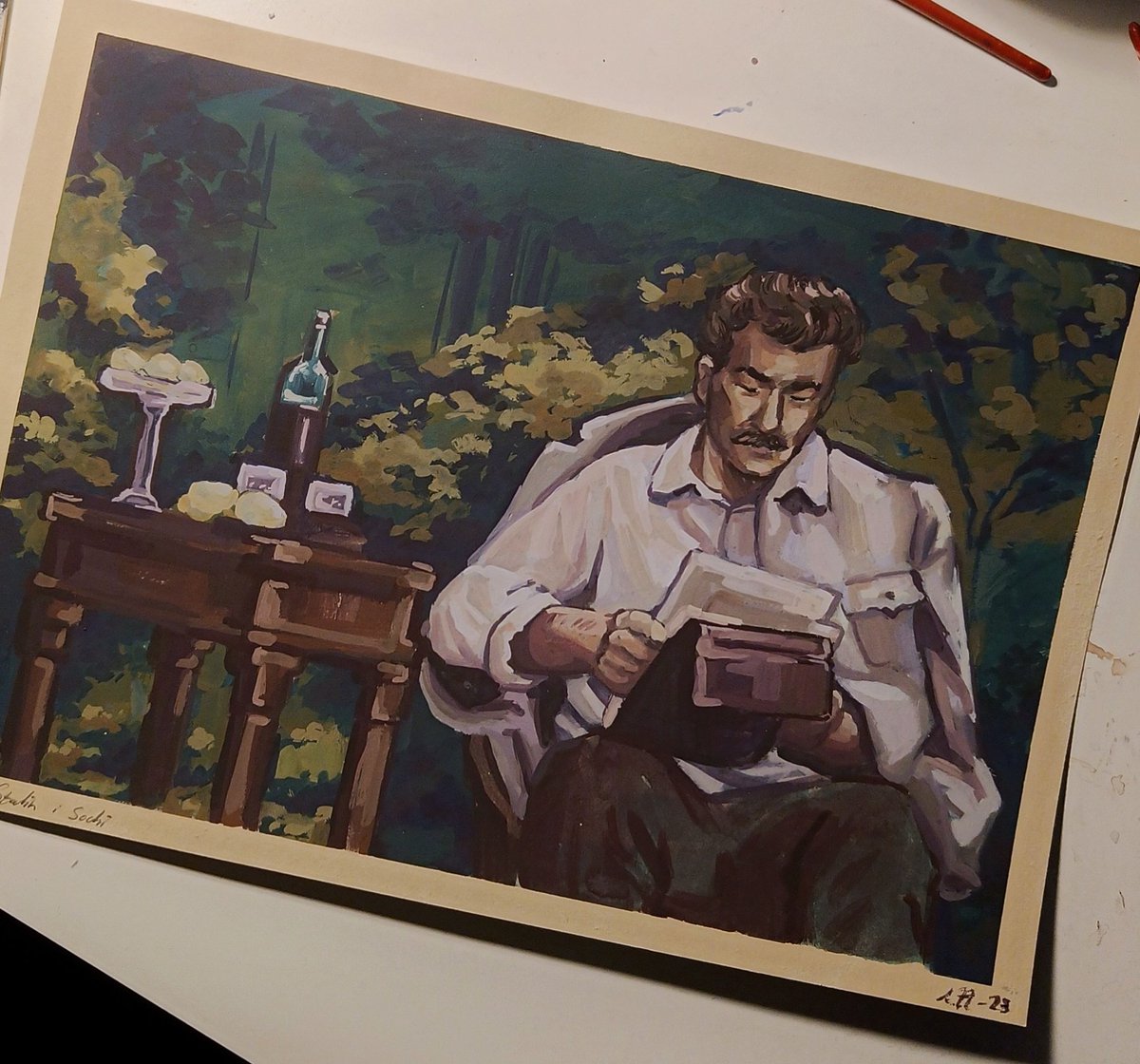 AmurPebble's tweet photo. Stalin at his dacha in Sochi, 1930's - just a silly painting I made of the guy :)

I think I just miss the nature of the Caucasus and Georgian wine https://t.co/S9BIFaXczm