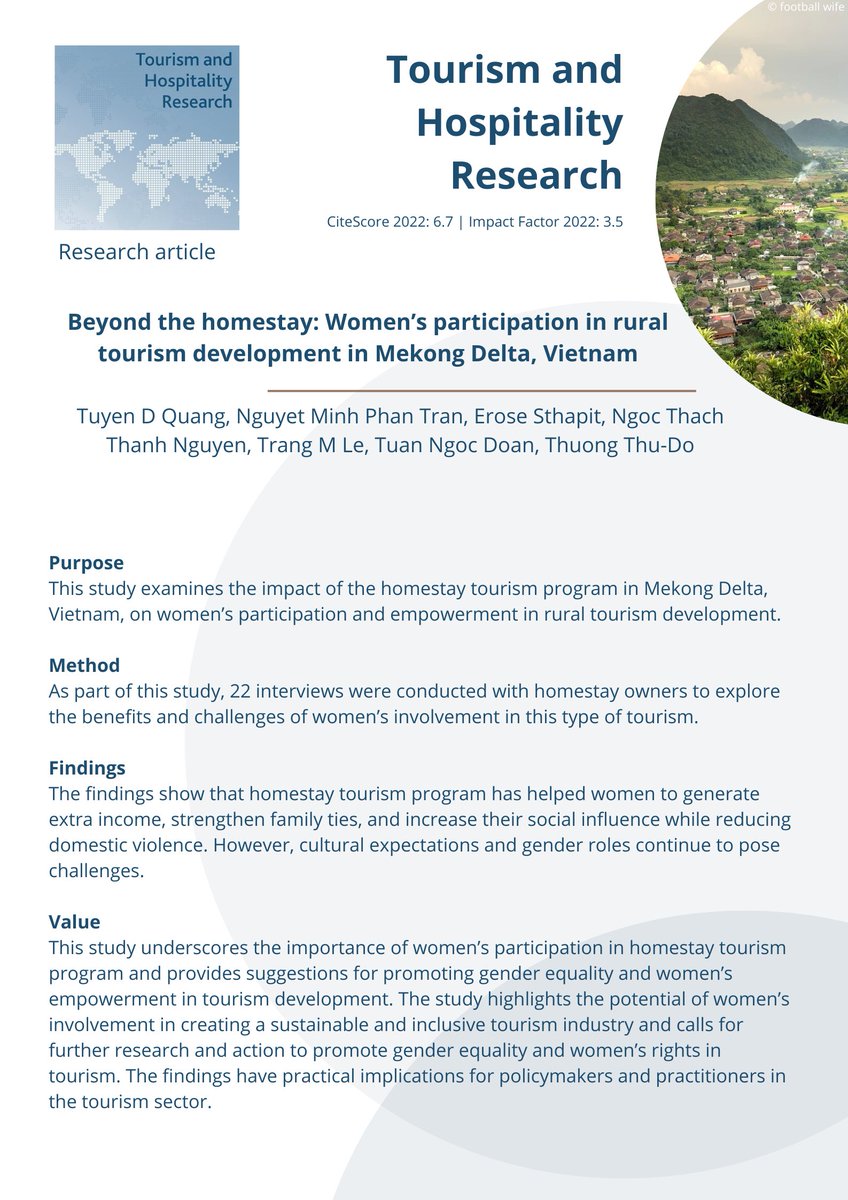 THRjournal's tweet photo. 📖 New article published: "Beyond the Homestay: Women’s Participation in Rural Tourism Development in Mekong Delta, Vietnam"🇻🇳 

Full article: https://t.co/RJqtogNCrs https://t.co/9vF6d1KmU9
