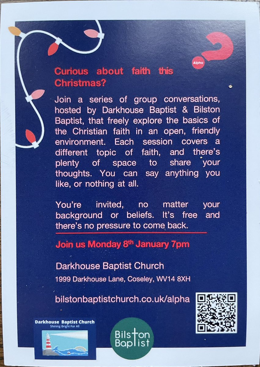 darkhousebap1's tweet photo. ☺️Want to try something new for 2024❓
Have you ever been curious about life and its meaning or what it could be like ???❓Why not try Alpha❓You are invited to join, Beginning on Monday 8th January at Darkhouse at 7pm. It’s free😋Yummy refreshments and cakes, coffee provided. https://t.co/IjE6R2orKx