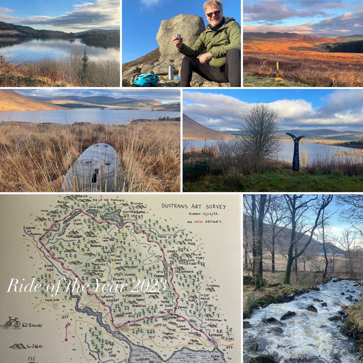 The ride of 2023 was the 62 mile ride to survey art works en route of the Sustrans Scotland NCN 7 from Gatehouse of Fleet. Around 30 miles on Galloway gravel passing some epic landscapes beneath the Cairnsmore and Merrixk. Heading home via Newton Stewart and Creetown in darkness!