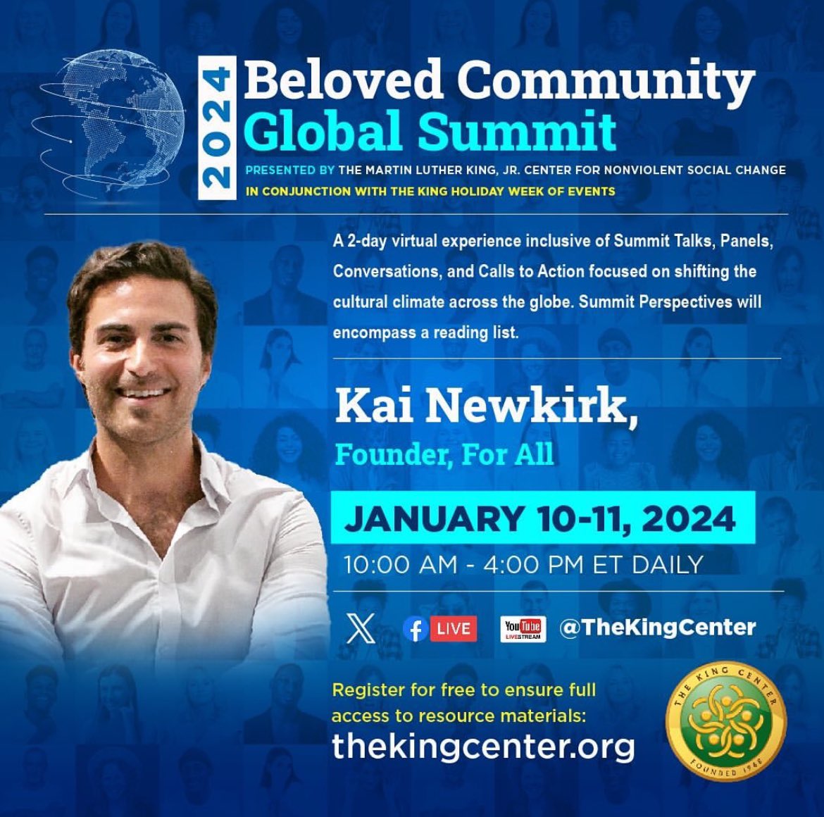 I’m so honored to be invited to speak at @thekingcenter’s Beloved Community Global Summit. Join us 1/10 for this important gathering. Following the King legacy of revolutionary love and nonviolent leadership to eradicate injustice and build true peace has never been more urgent.
