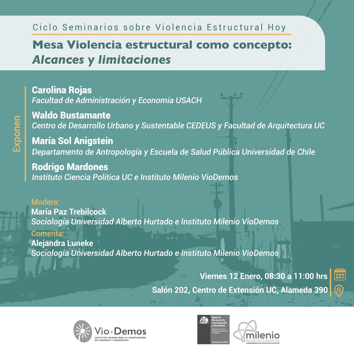 VioDemos_Chile's tweet photo. ✏️El viernes 12 de enero se realizará la primera sesión del Ciclo de Seminarios "Violencia Estructural Hoy", instancia organizada por #VioDemos, que en esta ocasión abordará la problemática de la violencia como concepto y desde el cuerpo. 📷INSCRIPCIONES: https://t.co/arZ6nufHmB https://t.co/i8JrM1fEgX