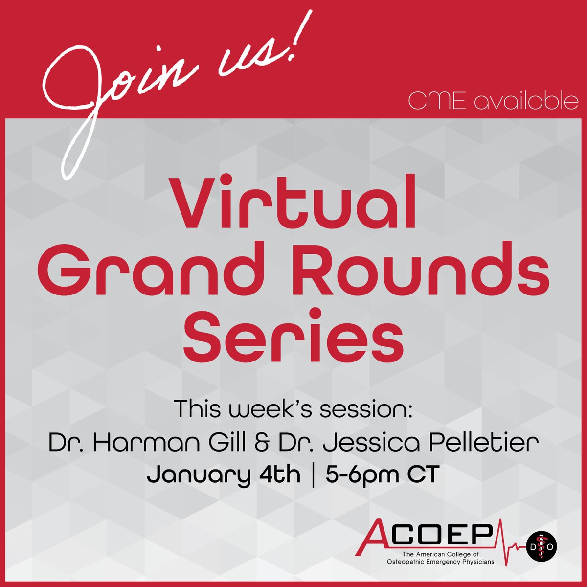 Dr. Gill and Dr. Pelletier will be joining us for our next Virtual Grand Rounds webinar Thursday, Jan 4th at 5 pm CT. We hope you can join us! ow.ly/xjlW50PSzBm