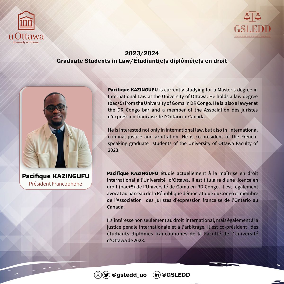 Introducing our executive members 2023/2024.

Meet Pacifique KAZINGUFU 

Co-President (Francophone)

———————————

Présentation de nos membres exécutifs 2023/2024

Rencontrez Pacifique KAZINGUFU 

Co-Président (francophone).