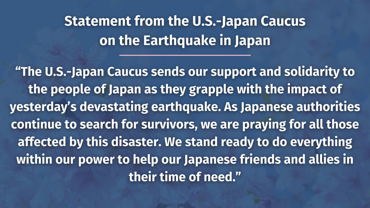 Today, U.S.-Japan Caucus chairs @JoaquinCastroTX and @RepAdrianSmith released the following statement to express their support and solidarity with the Japanese people after yesterday's devastating earthquake.