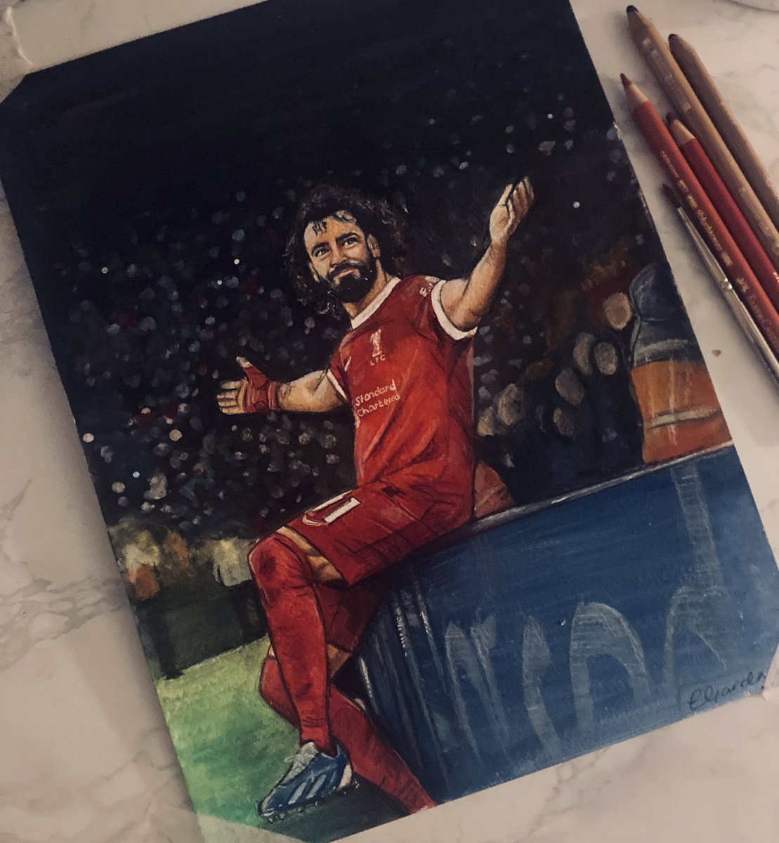 Mo Salah’s 150th Lfc goal celebration 👑
Gouache paint and colour pencil on paper 🎨