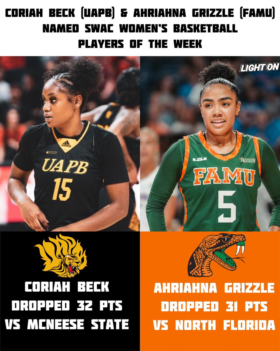 LightOnSports's tweet photo. Coriah Beck (UAPB) & Ahriahna Grizzle (FAMU) have been named SWAC Women’s Basketball Players of the Week, per @theswac . 🏆 

Coriah Beck: 32 pts, 4 stl, 4 reb, 2 blks, 1 ast, 8/11 3 pt, 11/17 fg vs McNeese State

Ahriahna Grizzle: Stats: 31 pts, 4 ast, 3 reb, 2 blks, 1 stl vs North Florida

@coriah_beck 

📸: @UAPBLionsWBB @TayTapes870 @FAMUAthletics