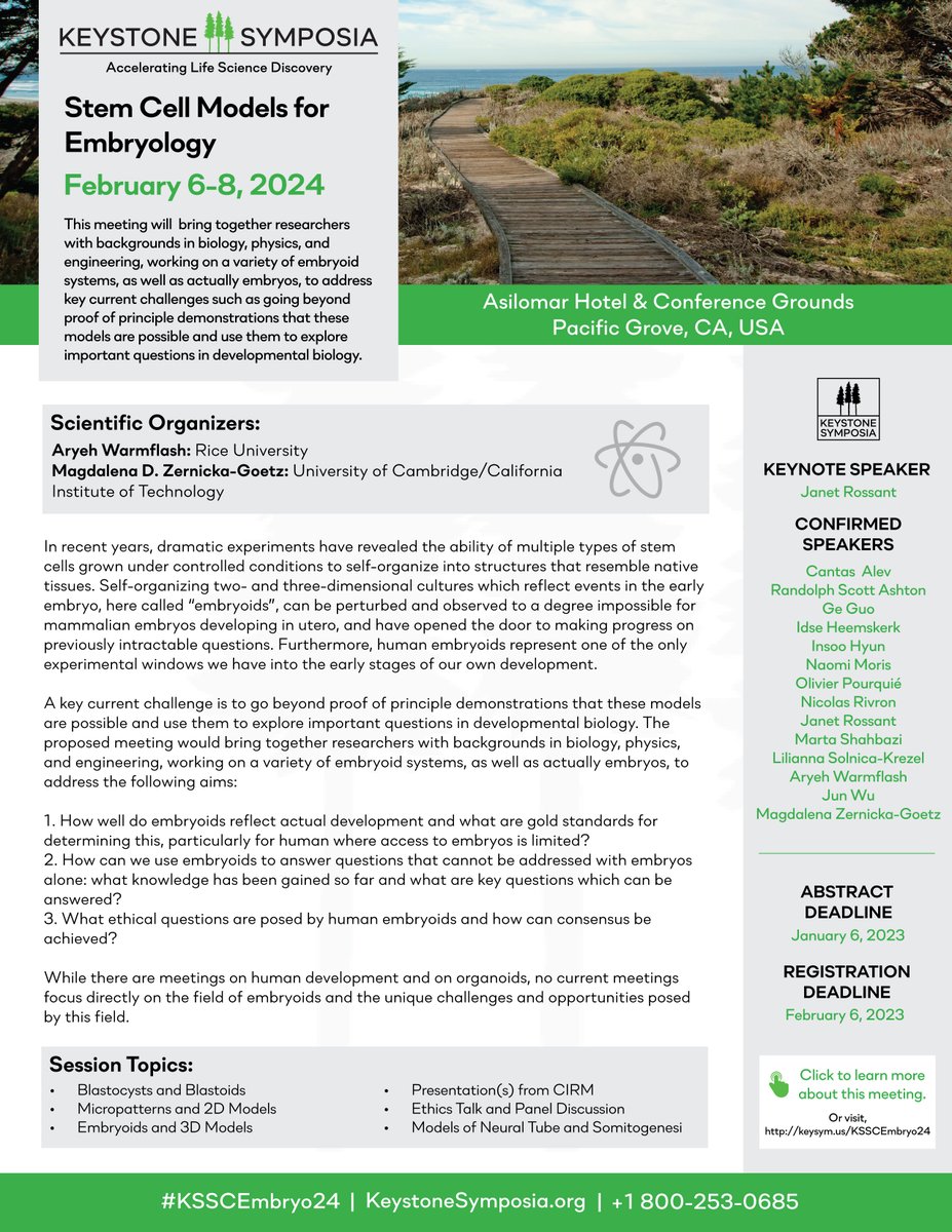 Keystone Symposia (@keystonesymp) on Twitter photo You've still got a couple of days to submit abstracts for poster presentations. Deadline is January 6th (11:59pm MST) for #StemCell Models for #Embryology this February in Monterey! hubs.la/Q02f2f2q0 <a href="/ZernickaGoetz/">Magdalena Zernicka-Goetz</a> <a href="/WarmflashLab/">Warmflash lab</a> #keystonesymposia #KSSCEmbryo24 #embryology You've still got a couple of days to submit abstracts for poster presentations. Deadline is January 6th (11:59pm MST) for #StemCell Models for #Embryology this February in Monterey! hubs.la/Q02f2f2q0 <a href="/ZernickaGoetz/">Magdalena Zernicka-Goetz</a> <a href="/WarmflashLab/">Warmflash lab</a> #keystonesymposia #KSSCEmbryo24 #embryology