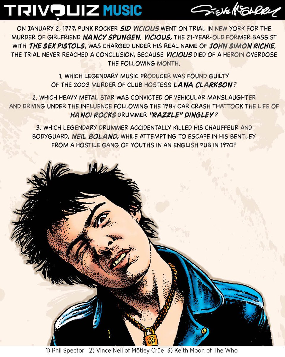 TrivquizComic's tweet photo. 45 years ago today, Sid Vicious went on trial in New York for the murder of girlfriend Nancy Spungen. A month later, the Sex Pistols bassist was dead of a heroin overdose. He was 21.

#sexpistols #sidvicious #punk #nancyspungen #murder https://t.co/2MXQnuS1Wq
