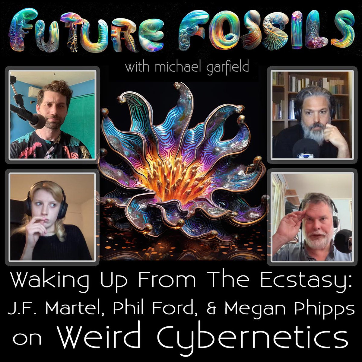 michaelgarfield's tweet photo. 👁️🔄📀 Ring in the new year with this wonderful conversation on cybernetics and the philosophy of the weird with @Phipps_Mmm + @JF_Martel and Phil Ford of @weirdstudies! 

This one's a truly delicious four-way riff-fest on the emergence of the cybernetic era as a kind of numinous event in human history — a divine invasion that transfigures us and forces us to think about which boundaries *should* melt away and which should stay where evolution learned to put them...

Dig in and help us immanentize the Eschaton (and/or help banish whatever we let in through the myriad portals of our glowing globe-encircling panopticon):

https://t.co/2PKfJXJ0Es

PS — A huge shout-out and thanks to @erik_davis, who if not for trickster intervention would have joined us for this call, but who loomed VERY large over the whole thing regardless!  <3
