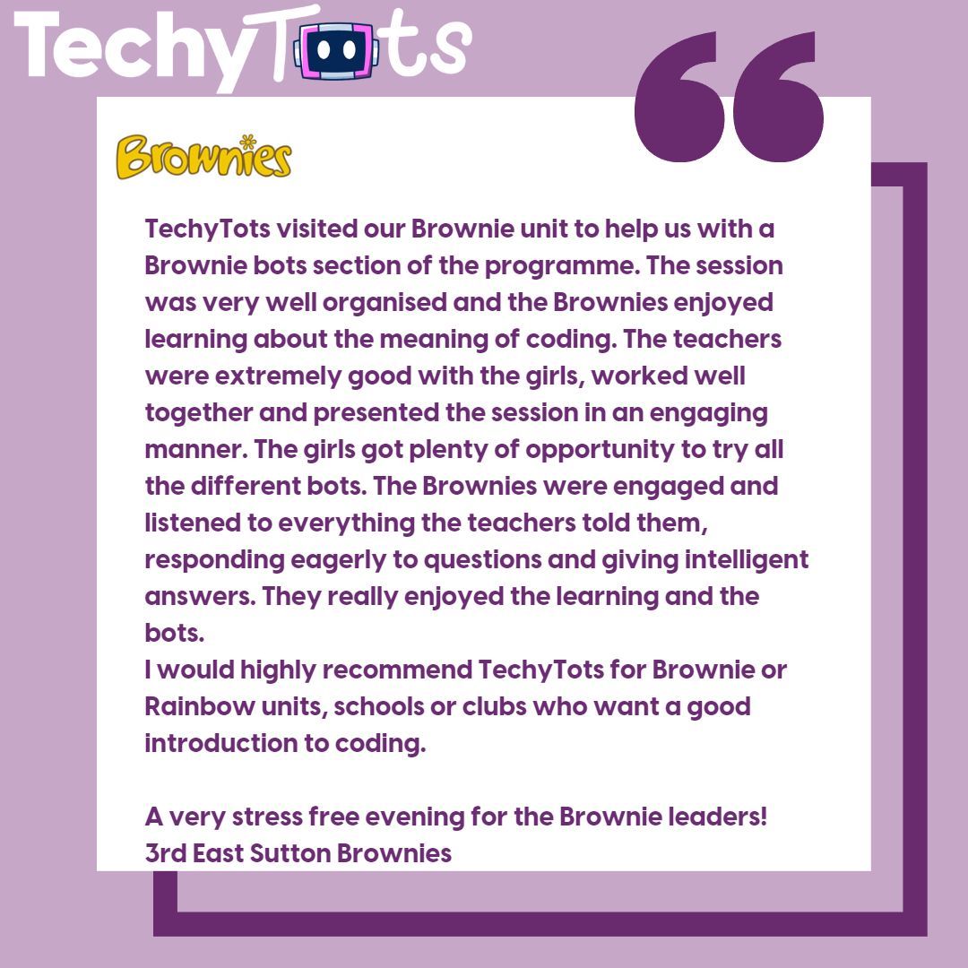 TechyTots's tweet photo. We love it when we get a review, take a look at the feebdack from our recent Brownie session,.
If you woudl like TechyTots to come along to one of your sessions, get in touch via the website .
#TechyTots #Brownies #Feedback #playlearncode #codingforkids #kidscodingclass https://t.co/he2ZMCjXBV