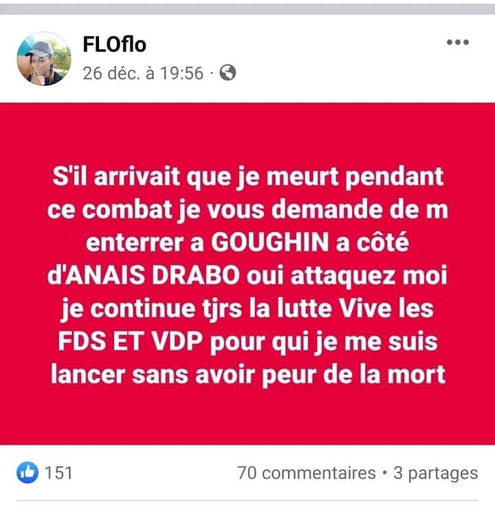 L_Activiste226's tweet photo. #Burkina_Faso🇧🇫🛑🚨:

#Nécrologie🇧🇫🚨🛑: 

Les nouvelles du décès de notre compatriote #FloFlo🇧🇫✊🏿.  

Pour ceux qui me demandait quelle était la cause de sa mort ☠️. 

La Patriote, la Guerrière, l'amazone et farouche soutien du Président Capitaine Ibrahim Traoré , @CapitaineIb226  FLOFLO est décédée . 

De suite d’un accident de circulation le samedi 30/12/2023 juste après un direct sur Facebook, #FLOflo a rendu l’âme ce 01/01/2024. 

Combattante , compatriote pour la liberté 🗽 FloFlo que ton âme repose en Paix 🪦. 

Elle Disait dans son direct « si je meurs, je veux qu'on m’enterre auprès de Ma soeur #Anaïs_Drabo »

Notamment il y’a 6 jours dans sa page #Facebook_Floflo avait publié des choses concernants si elle meurt pendant ce combat 👇🏿.

Nous avons pris ça de l'amusement. 

Or elle a juste prophétisé sur sa mort. 

Le Samedi Elle était dans le rassemblement . 

Après avoir quitté le ressemblement  patriotique, elle est rentrée sans pouvoir ressortir. 

Que ton âme repose en paix 🪦 Notre combattante de lutte #FLOflo.

Tu as été utile pour le Burkina Faso 🇧🇫, pour l’Afrique , pour L’#AES et pour Le Sahel✊🏿. 

Nous te rejoindrons Tous, un jour . 

On continue la lutte coûte que coûte derrière toi . 

Va en paix ☮️ #FloFlo.

Nous t’oublierons jamais 🇧🇫🗽✊🏿.