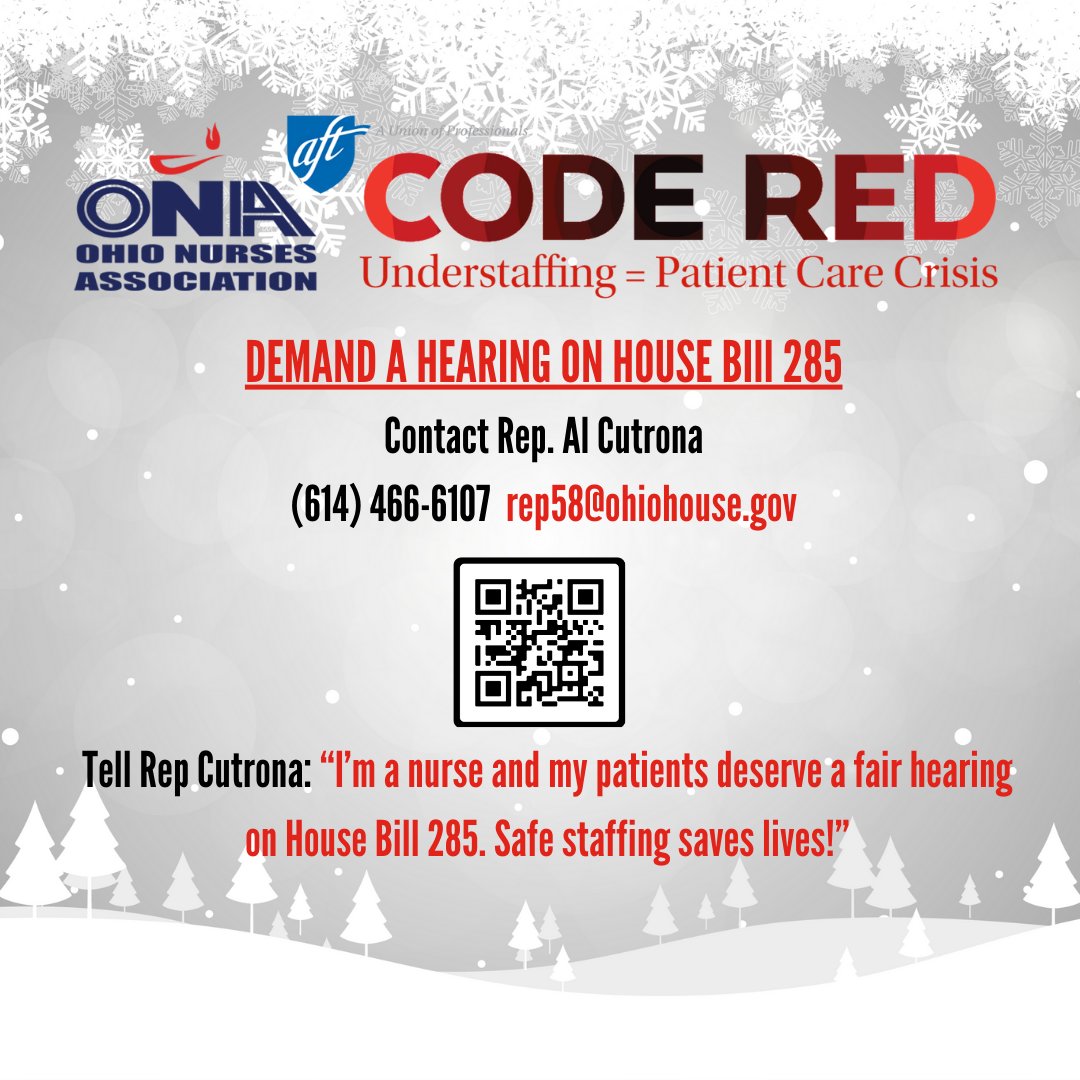 OhioNursesAssoc's tweet photo. π
Let's start 2024 by telling Rep. Cutrona we demand a hearing on HB285. HB285-The Nurse Workforce and Safe Patient Care Act to establish legally enforceable minimum staffing standards for nurses in all OH hospitals and incentivize people to enter nursing. #CodeRed #HB285 https://t.co/797DTkzgn7