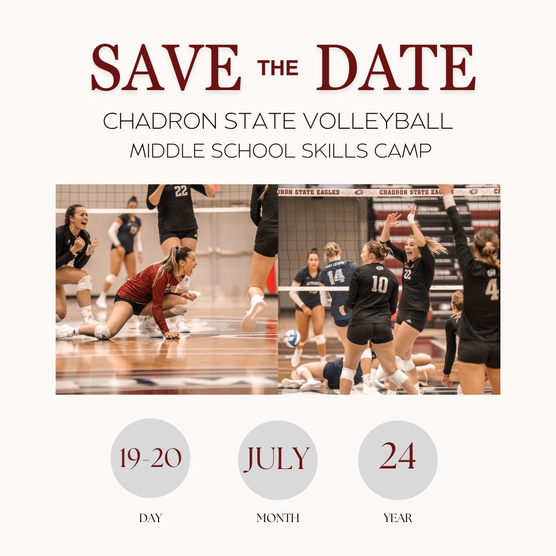 CscVolleyball's tweet photo. Youth Camp, Middle School Skills, and a newly added Middle School Team Camp! Save the Date and come join us this summer for some Eagle Volleyball fun🏐🦅 https://t.co/PrNBQwhQbn