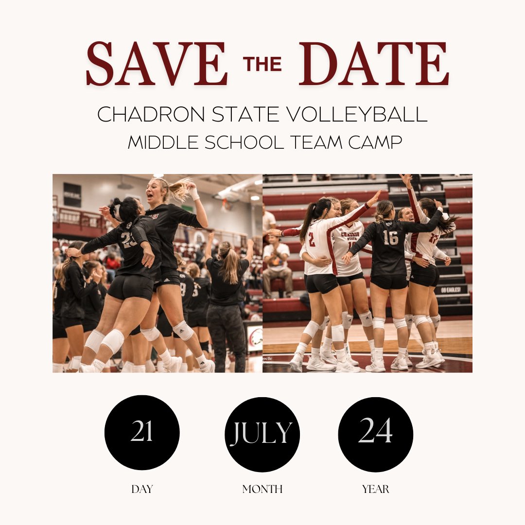 CscVolleyball's tweet photo. Youth Camp, Middle School Skills, and a newly added Middle School Team Camp! Save the Date and come join us this summer for some Eagle Volleyball fun🏐🦅 https://t.co/PrNBQwhQbn