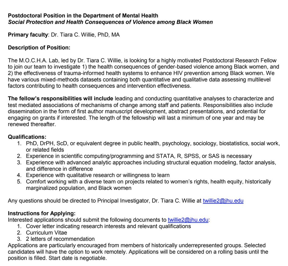 🥳#HappyNewYear2024 Proud to announce that our posting for a postdoctoral position in the <a href="/TheMochaLab1/">TheMochaLab</a> <a href="/JohnsHopkinsDMH/">Dept of Mental Health at BSPH</a> is live! 

Please RT and share with your network! dropbox.com/s/qua1jkf8jb5c…