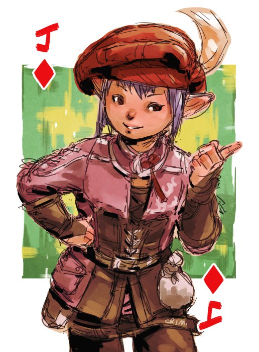 1girl solo hat lalafell pointy ears hand on hip jacket  illustration images