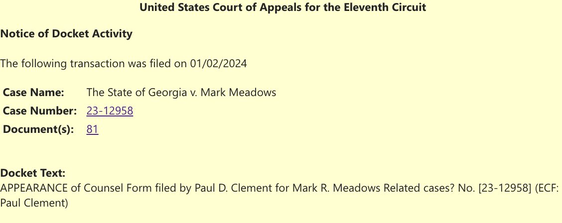 JUST IN Mark MEADOWS adds big guns ahead of a likely appeal of the ruling that barred him frome removing his Georgia chargse to federal court. Clement and two others from his firm are now on Meadows' legal team: