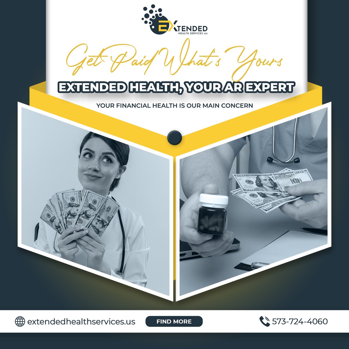 HealthExtended's tweet image. Improve your financial well-being with our AR recovery solutions. Extended Health Services is here to assist you in dealing with the intricacies of accounts receivable, making sure you get the money you rightfully deserve.

Contact us!
Phone: 573-724-4060
.
#EHS