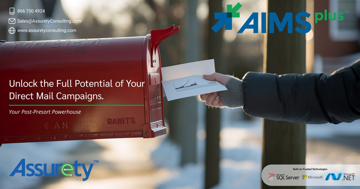 assurety's tweet photo. AIMSplus™ is advanced post-presort #software for direct mail marketing. Our innovative solution saves time and cuts costs. With AIMSplus™, you can comply with USPS regulations, consolidate drop shipment planning and postage, and manage Informed Delivery Campaigns with ease. https://t.co/K9faAOxWC3