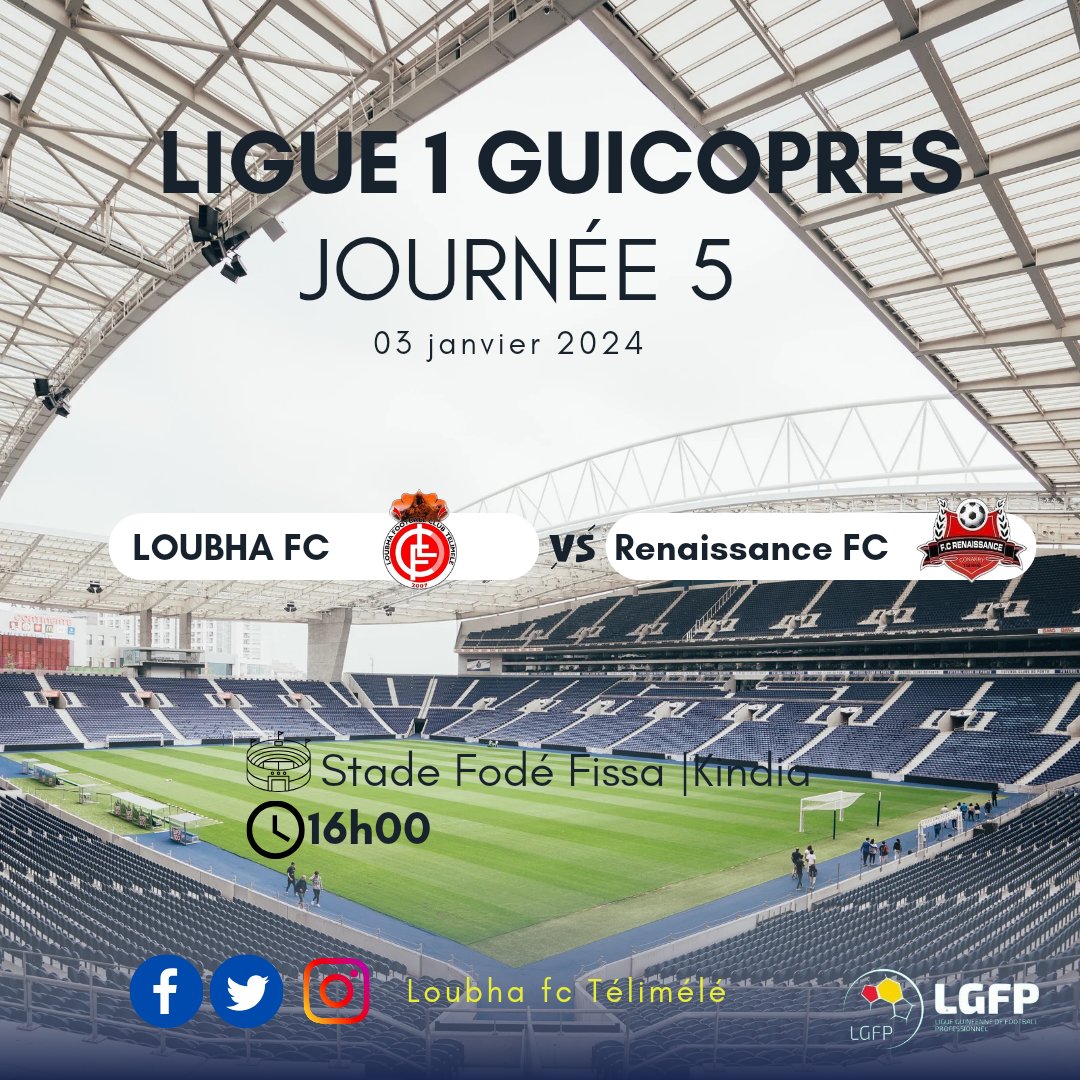 LoubhaFC's tweet photo. ⚡️ 𝐏𝐑𝐎𝐂𝐇𝐀𝐈𝐍 𝐌𝐀𝐓𝐂𝐇 

🏆 #Ligue1Guicopres🇬🇳  

🏁 Journée 5

⚽️ Loubha Fc TÉLIMÉLÉ 🆚️ RENAISSANCE FC 

🏟 STADE FODÉ FISSA | KINDIA 

🕓 16:00 GMT

📲 #LFCRFC 

Allez loubha fc.

#TeamLoubha #LoubhaFC #Télimélé #LGFP #Ligue1Guicopres #Guinée https://t.co/9F84fB2DnF