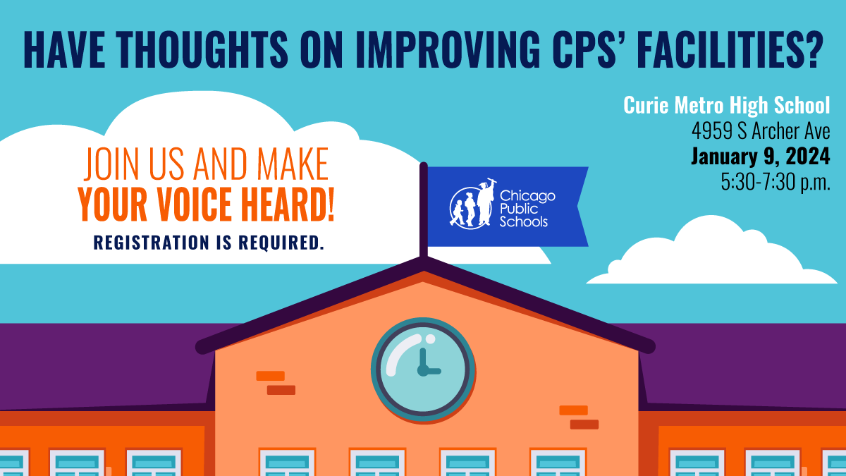 ChiPubSchools's tweet photo. Share your thoughts and priorities on improving our children’s learning environments at an interactive community discussion at @CurieHS! Your input will help inform CPS’ facility improvement plans. Register today. to attend in person or virtually at: https://t.co/afZEv7YYCL https://t.co/HyYz41CvTp