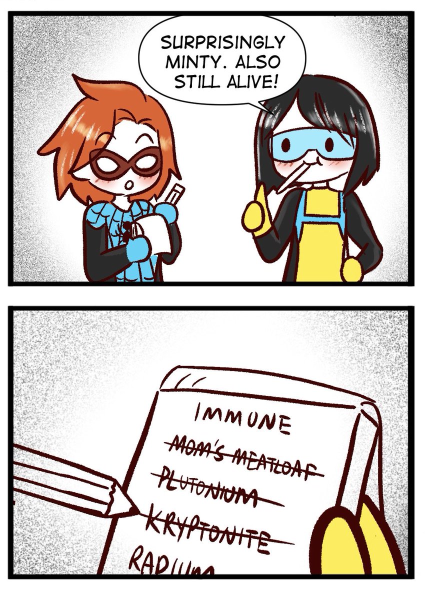AG_Nonsuch's tweet photo. A #spiderling and #invinciblegirl comic on the joys of eating deadly materials 

Commissioned by @Saint_NerdGhost https://t.co/3nUZazQvRx