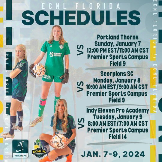Warmer days are in our future! Coaches - come watch us ring in 2024 with top notch soccer competition in sunny Florida ☀️🌴🌊
<a href="/ECNLgirls/">ECNL Girls</a>
<a href="/TheSoccerWire/">SoccerWire</a>
<a href="/ImCollegeSoccer/">College Soccer Truth ™</a>
<a href="/PrepSoccer/">Prep Soccer ⚽️</a>
<a href="/TopDrawerSoccer/">TopDrawerSoccer</a>
<a href="/Oklahoma_FC/">Oklahoma Energy FC</a>
<a href="/OEFCGirlsECNL/">Oklahoma Energy FC Girls ECNL</a>
@ECNLTexas
<a href="/USYNT/">U.S. Soccer YNT</a>
<a href="/ImYouthSoccer/">ECNL/GA/Recruiting/College Soccer</a> 
<a href="/SSN_NCAASoccer/">Sidelines - College Soccer</a>