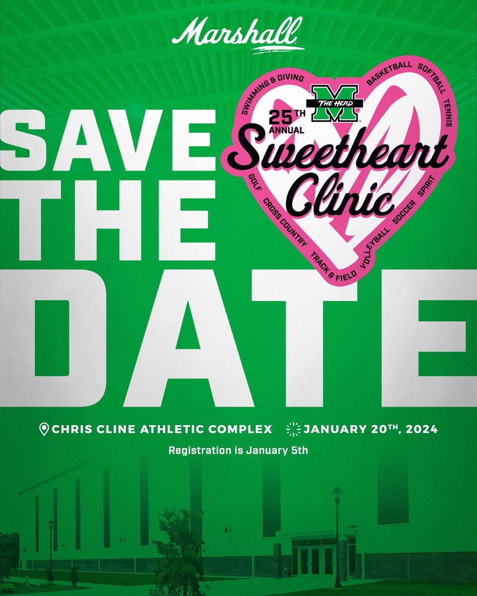 HerdZone's tweet photo. The Sweetheart Clinic is right around the corner! Be sure to save the date! 💗

Registration opens January 5th! 

#WeAreMarshall https://t.co/ToBp2zr7Z1