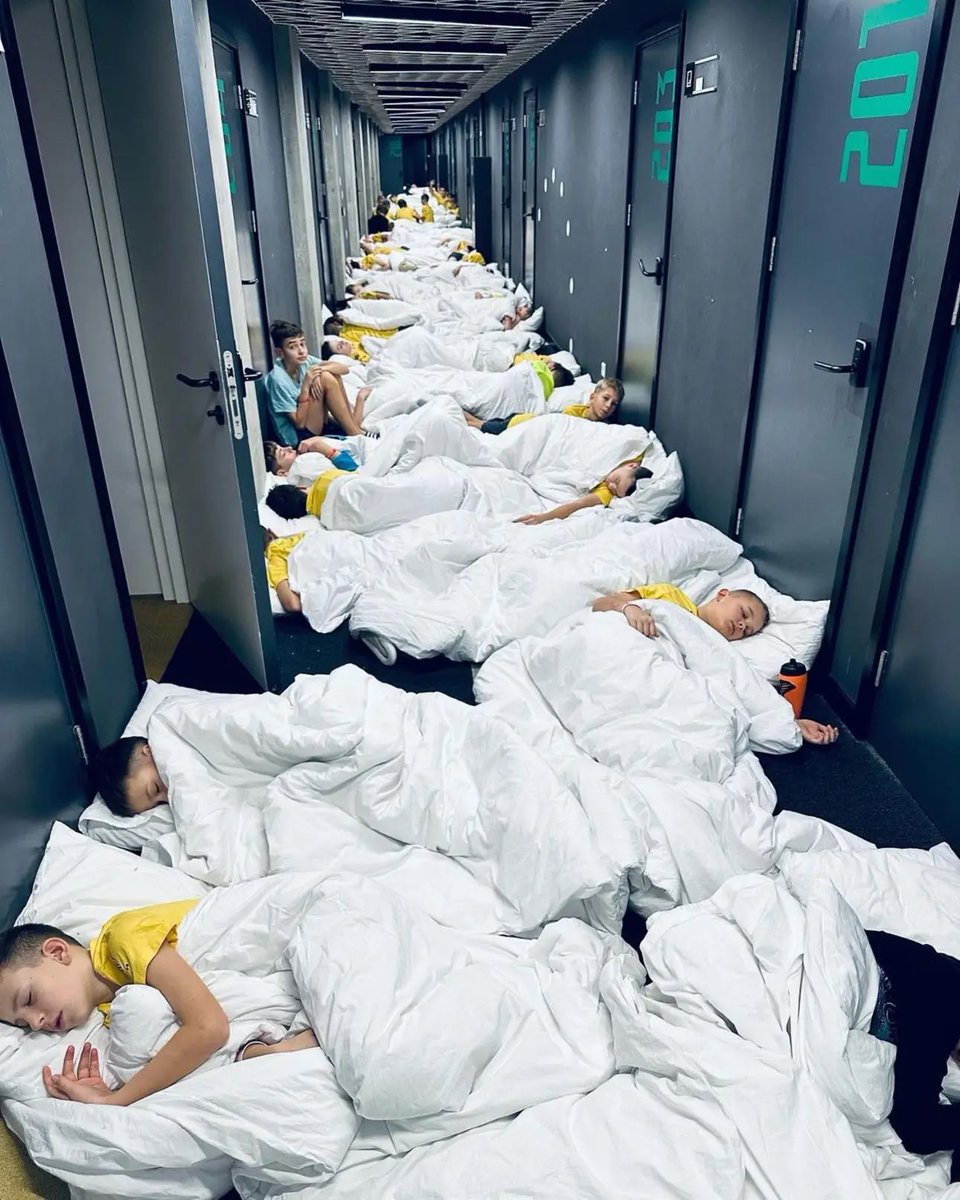 Children from football camp in Lviv are sleeping like this for a week, because of Russian missiles attacks.