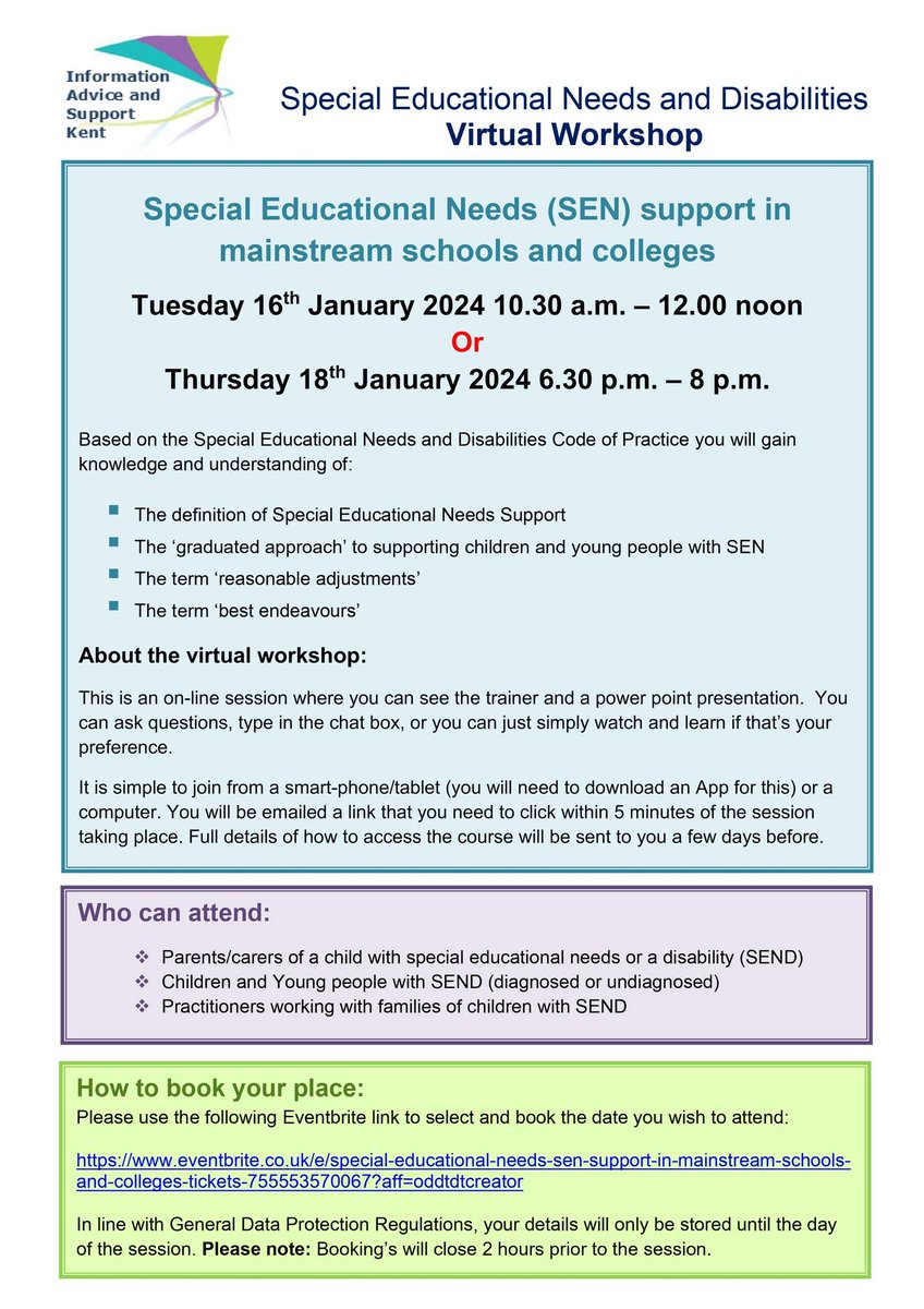 Information Advice and Support Kent IASK have
two workshops on 'Special Educational Needs (SEN) support in mainstream schools' this month, please see details below.
#DEKS #dyslexia #SENsupport #dyslexiasupport #dyslexiaeastkent