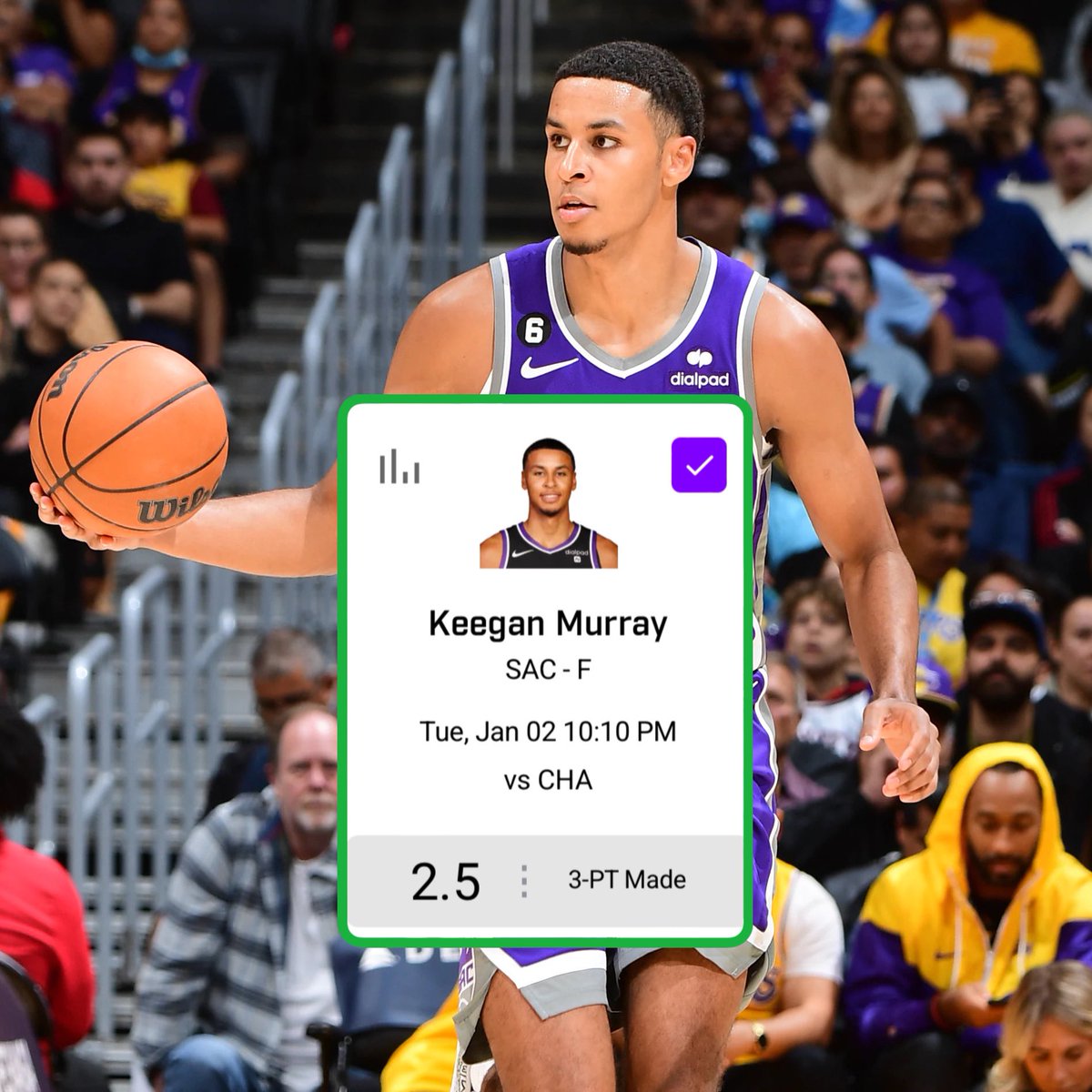 PrizePicksValue's tweet photo. 🚨 #NBA VALUE PLAY: Keegan Murray O2.5 3PT-Made! 🔒

💹 Over in 11/14 (79%) of home games 
💹 CHA allow the HIGHEST 3PT%
💹 -145 on Pinnacle 🧃

#PrizePicks | #GamblingX https://t.co/rzxdetCszt