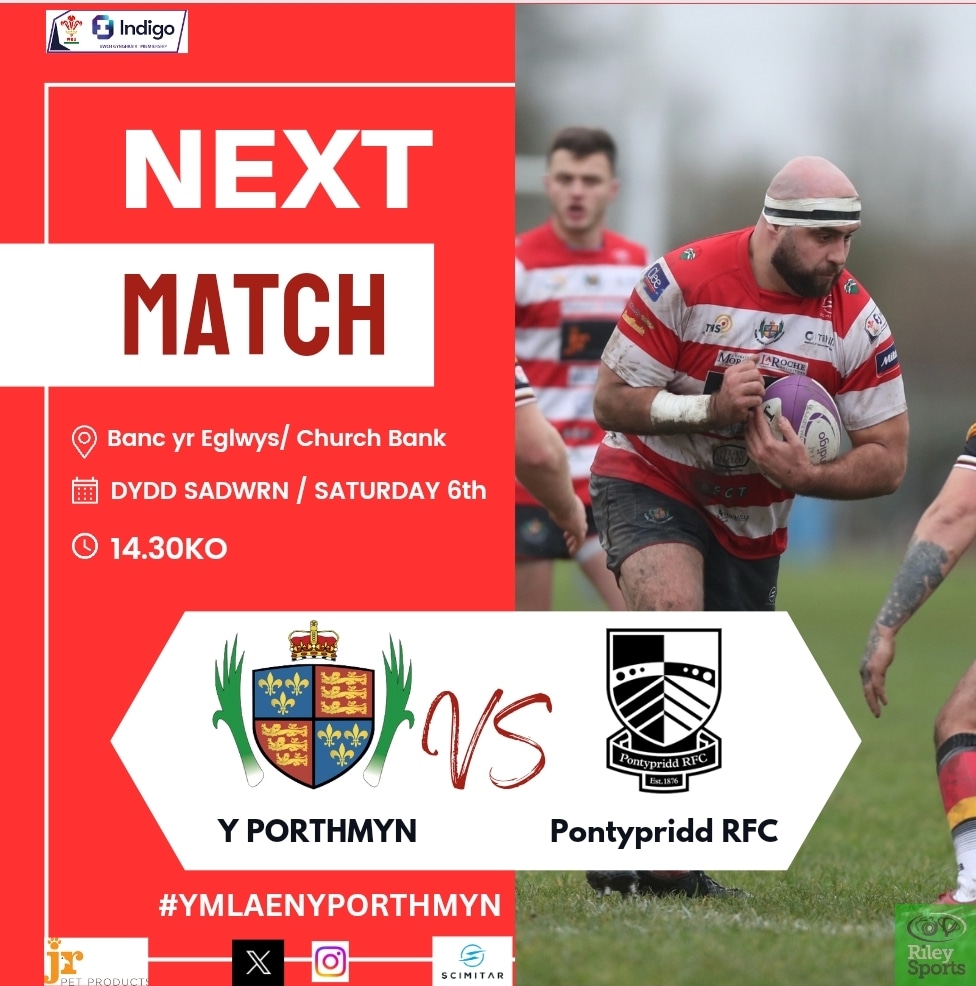 🚨NEXT GAME🚨 Indigo Group Welsh Premiership 🆚 @PontypriddRFC 📆 Saturday / Dydd Sadwrn 6th 📍Banc yr Eglwys / Church Bank ⌚14.30ko Ni nol adre! Dewch cefnogi Y Porthmyn am gêm cynta 2024 Make some noise in the first home game of 2024 Un Clwb, Un Dre, Un Cymuned 🔴⚪🟢