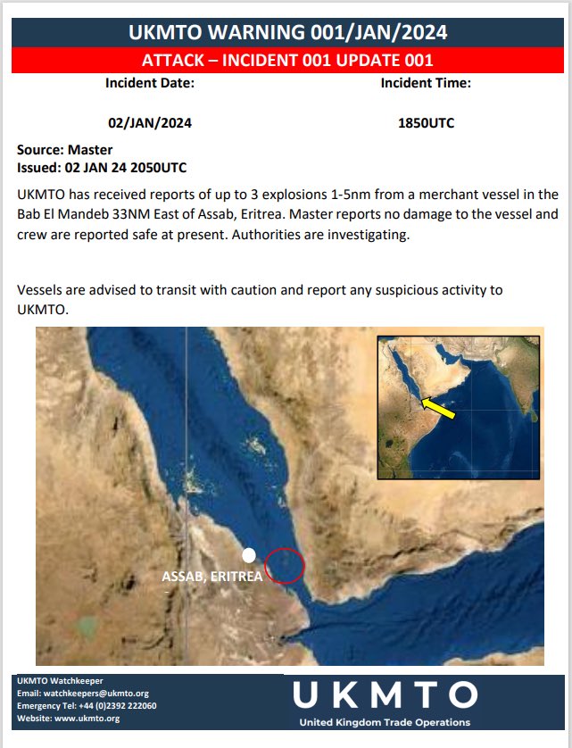 The Houthi Terrorist Group in Yemen reportedly launched 3 Anti-Ship Ballistic Missiles at a Commercial Shipping Vessel near the Bab al-Mandab Strait roughly 33nm off the Coast of Eritrea, causing No Damage to the Ship or Casualties.