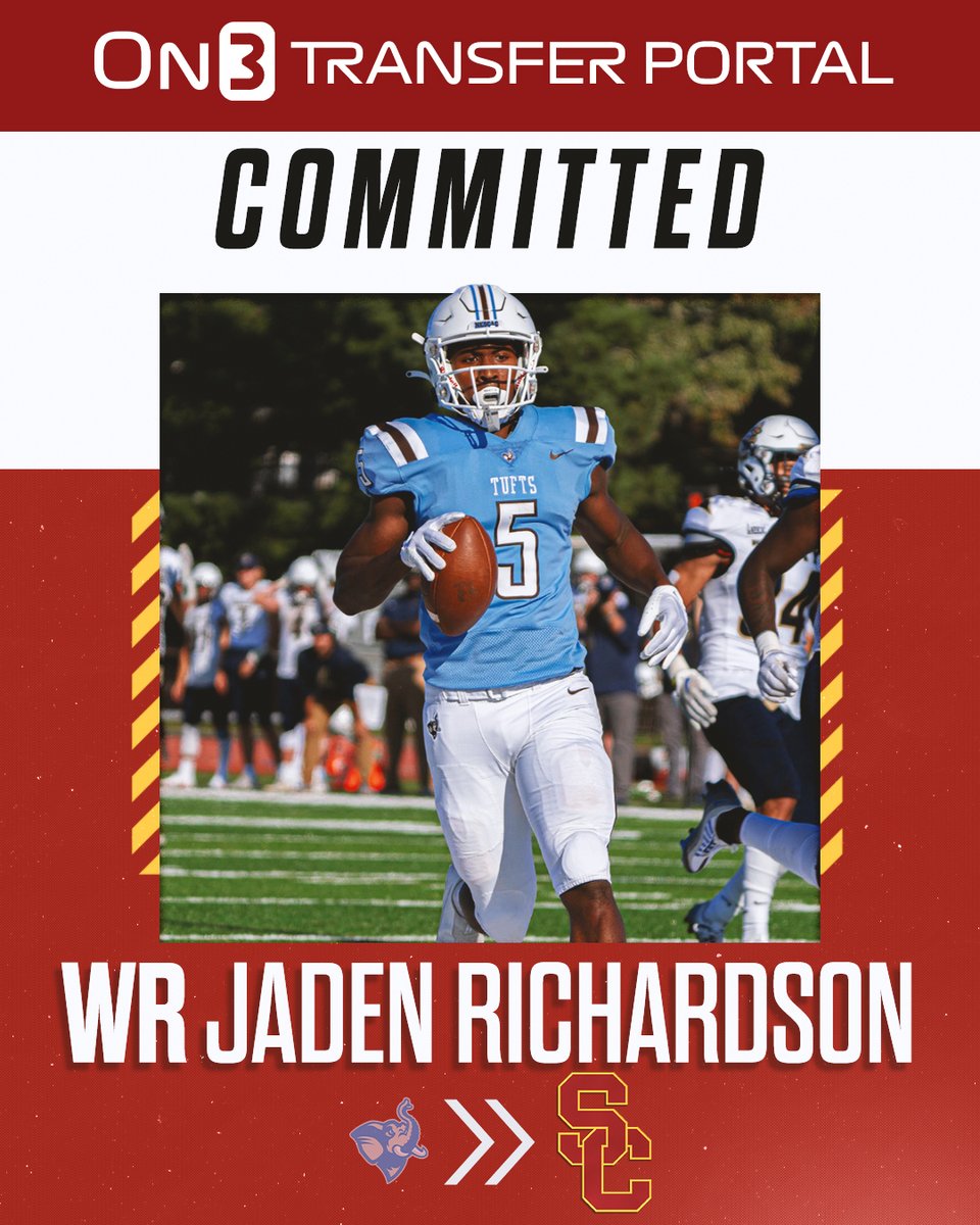 TransferPortal's tweet photo. NEWS: Tufts (DIII) transfer WR Jaden Richardson has committed to USC✌️

Richardson has 92 catches for 1,564 yards and 20 TDs in his career👀

https://t.co/E6mmh1LHy6 https://t.co/TE65cChVZn