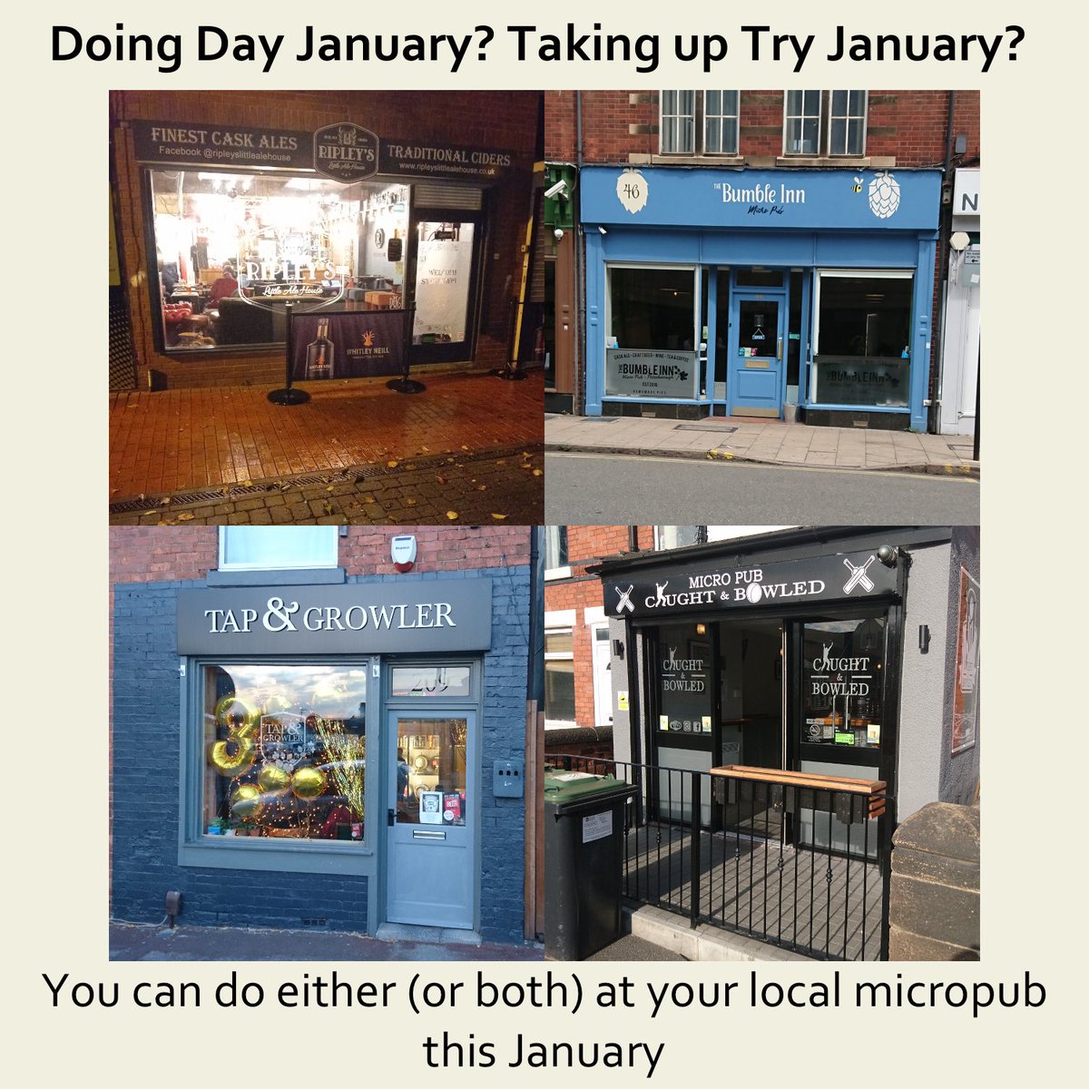 Are you planning on doing Dry January? Or maybe you're thinking of taking up Try January?

Whether it's Dry or Try, you can participate in either (or both) at your local micropub this January. 

#dryjanuary #tryjanuary #micropub #micropubs #smallbusiness #localbusiness