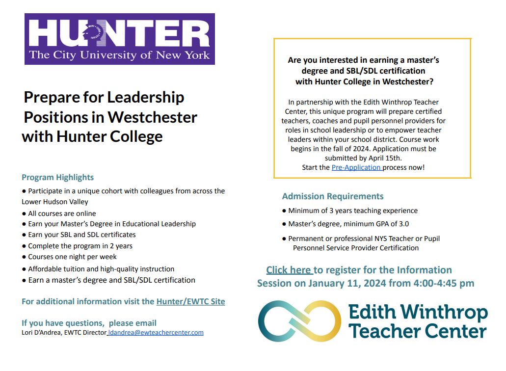 NYS Teachers- Are YOU Interested in Earning a Master's Degree in Educational Leadership along with your SBL/SDL Certification? Join our information session on January 11 from 4:00-4:45 pm! Please register to receive the Zoom link. us06web.zoom.us/meeting/regist…