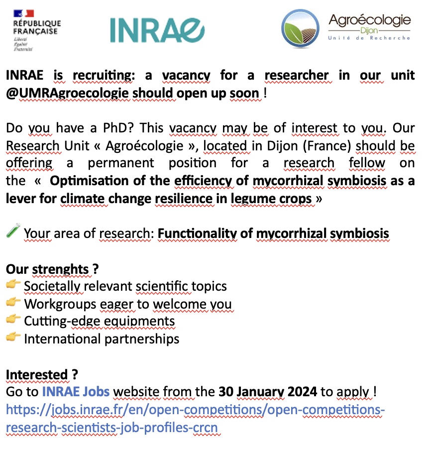 A vacancy for a permanent researcher @UMRAgroecologie should open up soon. Interested in the efficiency of mycorrhizal symbiosis as a lever for climate change resilience in legume crops 🍄🌱 ⌚️from the 30 of January jobs.inrae.fr/en/open-compet…