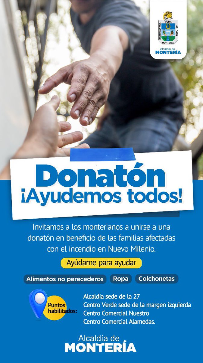 Estamos uniendo esfuerzos y adelantando una Donatón por las familias afectadas de Nuevo Milenio.

Acércate y haz tu donación. Estamos en los puntos de acopio ubicados en las sedes de la Alcaldía en la calle 27 y Centro Verde, así como en los centros comerciales Alamedas y Nuestro