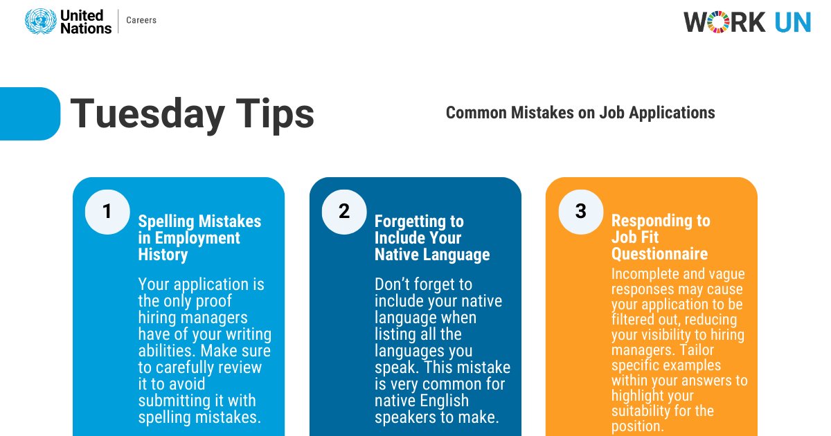 UN_Careers's tweet photo. #TuesdayTips ⚠️
❌ Do not make these mistakes when applying to job openings!
✅ Learn from these common mistakes to improve your application!

#UNCareers #UNJobs #UNOpportunities #UNTalent #LifeMission #GlobalGoals #GlobalMission #JobBoard #JobSeekers #GlobalOpportunities #Hiring https://t.co/9E3tNWhggI