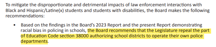 glopezoroz's tweet photo. The RIPA board, which oversees this data and seeks to eliminate racial profiling, recommends the elimination of school-based police departments. https://t.co/3XuKSPbI02