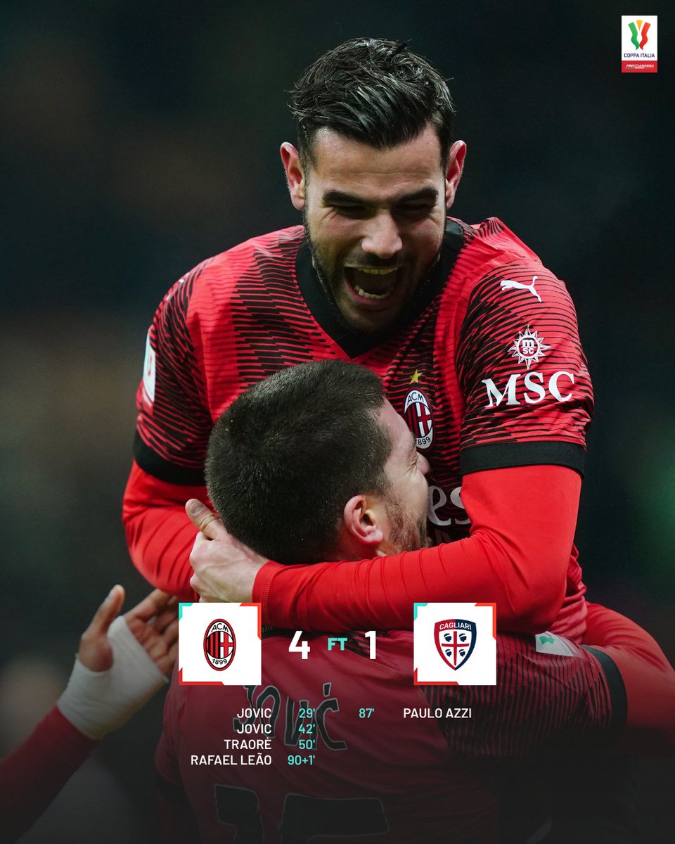 𝗙𝗧 Luka Jović (x2), Chaka Traoré and Leão goals send @acmilan into the #CoppaItaliaFrecciarossa quarterfinals 🔴⚫ #MilanCagliari