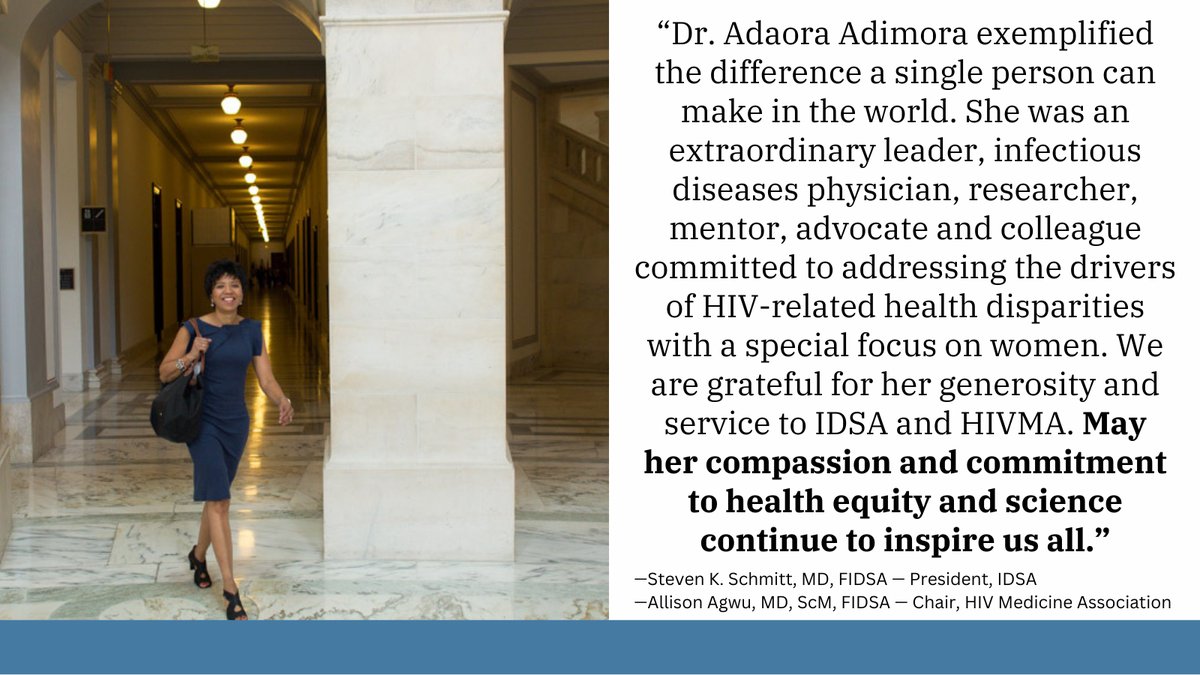 We are deeply saddened by the passing of Adaora Adimora, MD, MPH, FIDSA. We were incredibly fortunate for her dedication to @IDSAinfo &amp; HIVMA.
