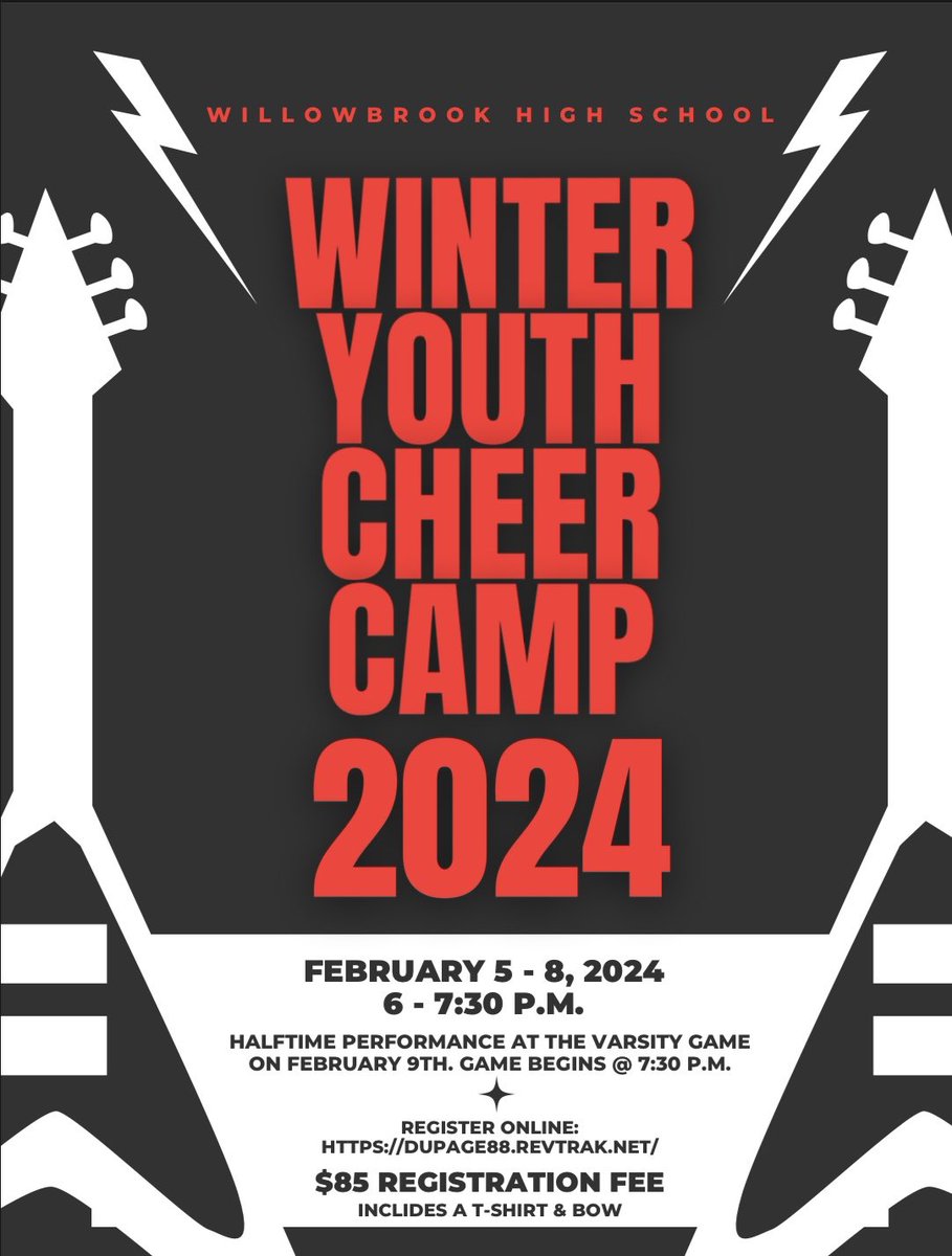 WBHS Cheer is hosting their annual Winter Youth Cheer Camp. Cost of the camp is $85 and includes a T-shirt and bow! This camp is for grades K - 5. Click WBHS Athletics | DuPage High School District 88 (revtrak.net) (dupage88.revtrak.net/rw-wbhs-athlet…) to register today.